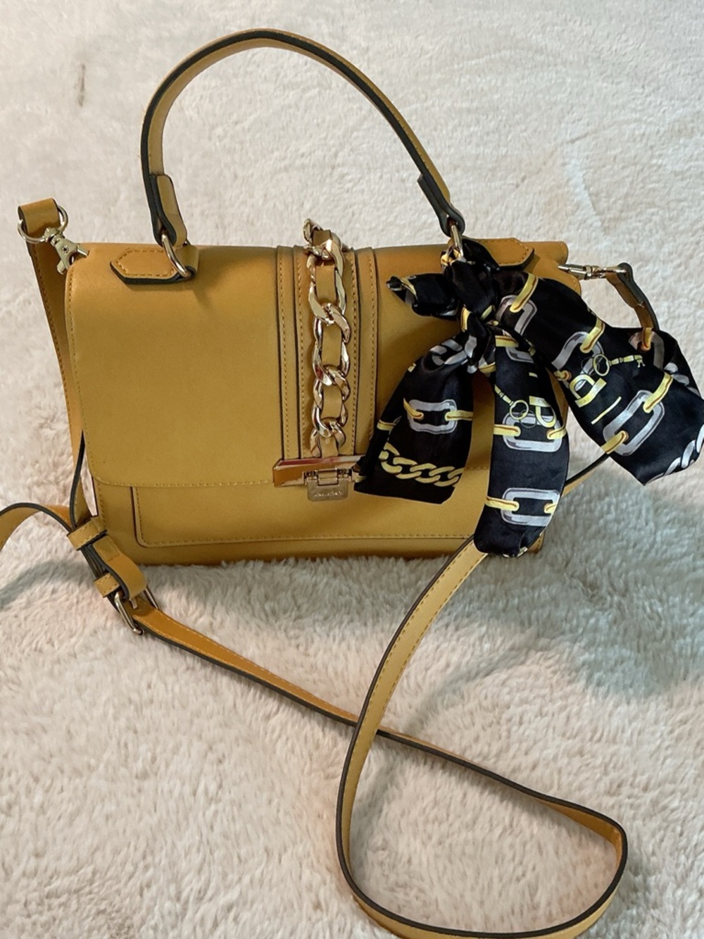 Aldo Mustard Yellow Chain-Accent Satchel with Scarf Detail